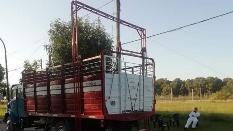 Los Bomberos Voluntarios de Cacharí trabajan en el arco limpiador ubicado en el ingreso a la localidad. 