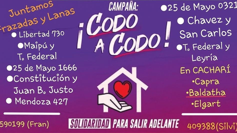 Desde ?Vamos  Izquierda Popular? en el Frente Patria Grande se lanzó la campaña Codo a Codo, cuyo objetivo es juntar lana o frazadas, en buen estado, para ser acondicionadas como abrigos y mantas.