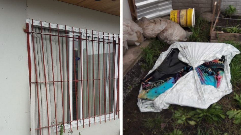 La reja de una ventana, violentada. Y un televisor envuelto para robar. FOTOS GENTILEZA: LUCRECIA PICCINI
