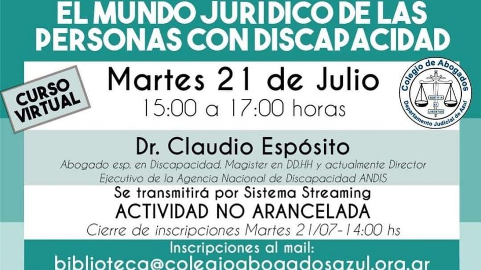 El próximo martes, desde las 15, en el marco de las capacitaciones virtuales que brinda el Colegio Departamental para sus matriculados y la comunidad en general, el Dr. Claudio Espósito brindará una c