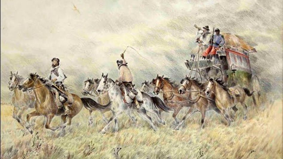 Las galeras, como verdaderas combis tiradas por caballos, salvaban las distancias siguiendo apenas las huellas en el campo. PINTURA DE ELEODORO MARENCO