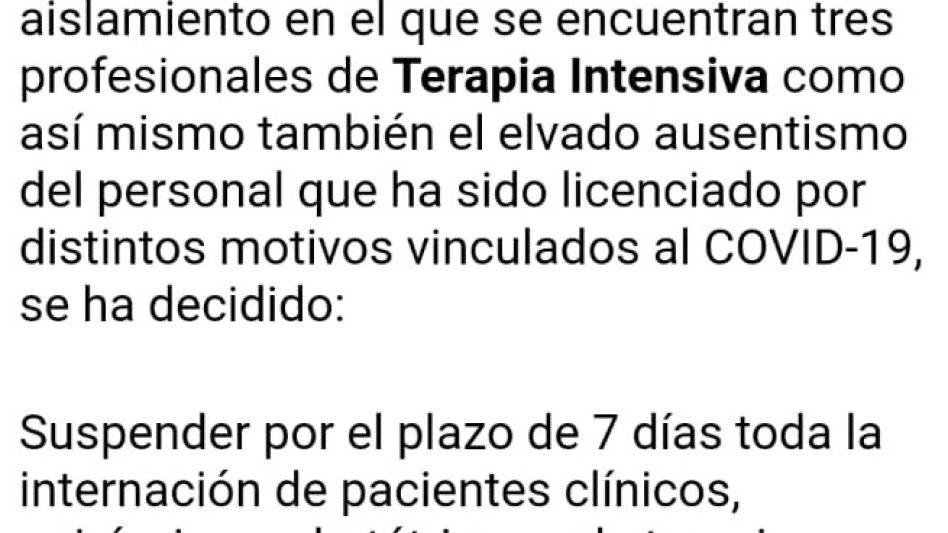 Sanatorio Azul anunció la suspensión de las internaciones