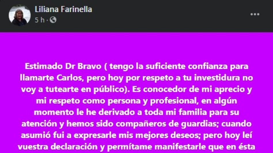 La publicación de Liliana Farinella en Facebook