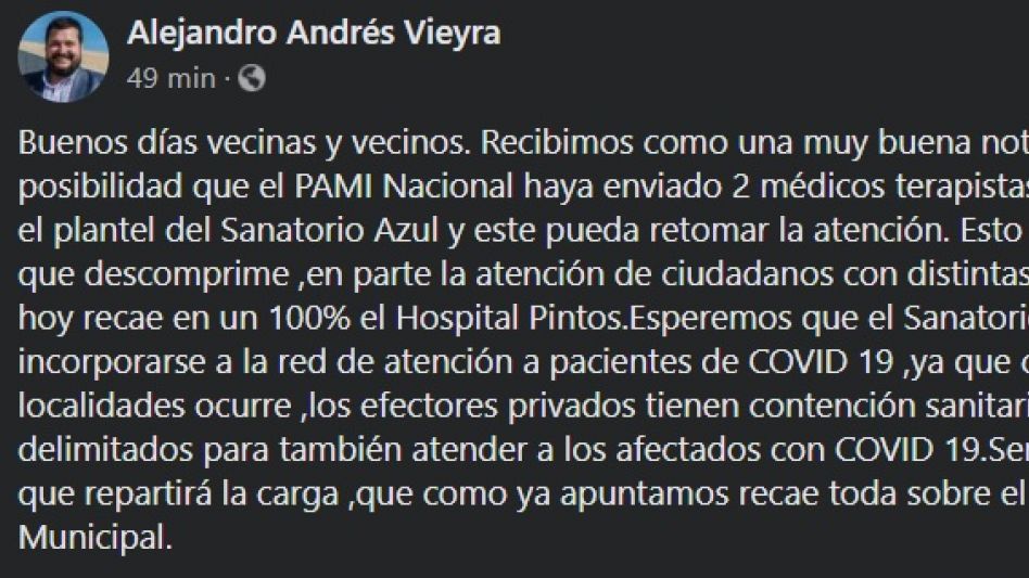 Vieyra celebró la llegada de dos nuevos médicos y sus seguidores salieron al cruce