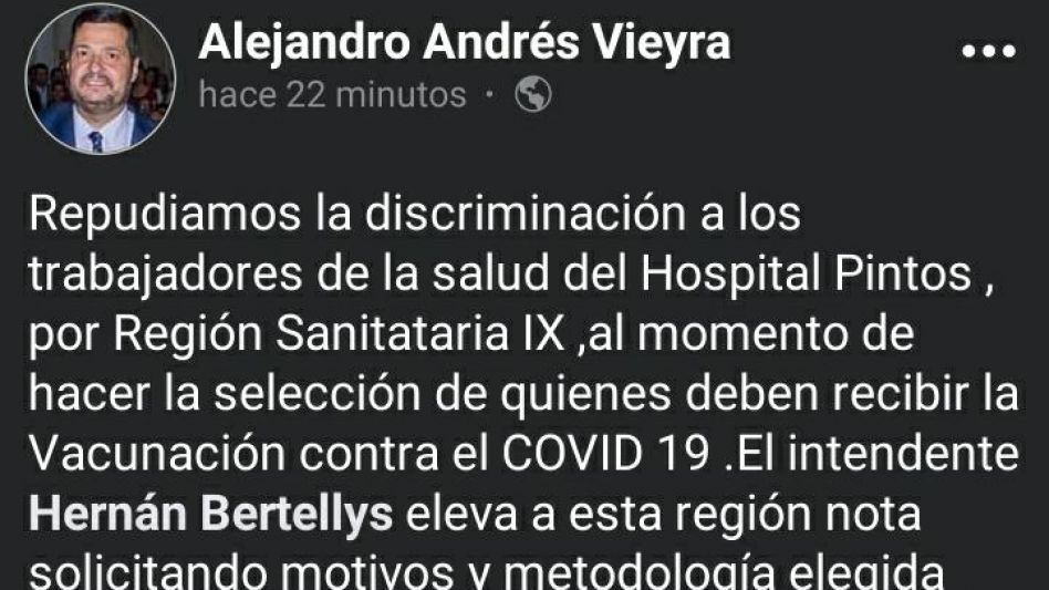 Vieyra recriminó a Región Sanitaria IX por el operativo de vacunación