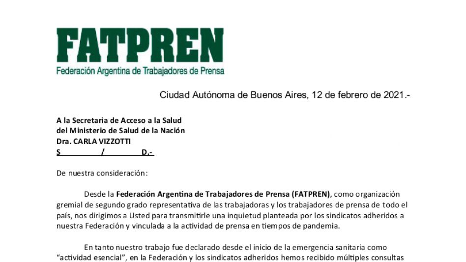 La FATPREN solicitó que los trabajadores de prensa sean vacunados como esenciales contra el Covid-19
