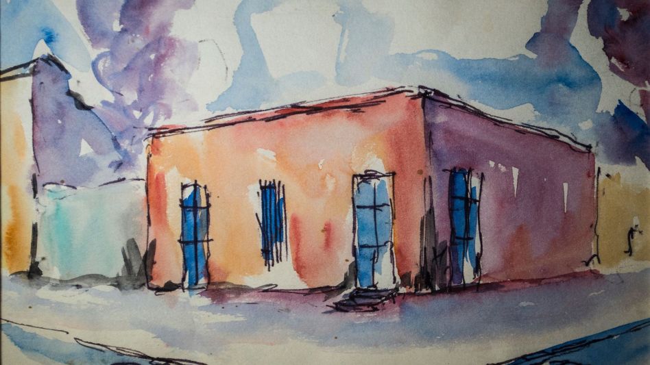 La acuarela de Otero Maffoni refleja ?mágicamente? la que todos recordamos como la Casa de Cipriano Catriel. La obra, cargada de vívidas tonalidades de anaranjado y morado, fue realizada en 1973 y se 