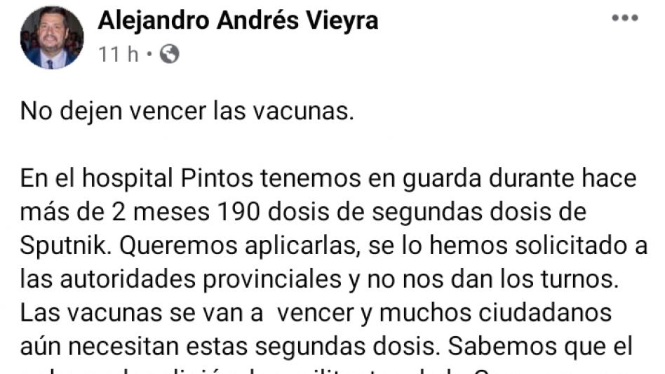 "Sombra, en PAMI, echó a perder 300 vacunas;   no queremos que ahora se pierdan otras 190 más"