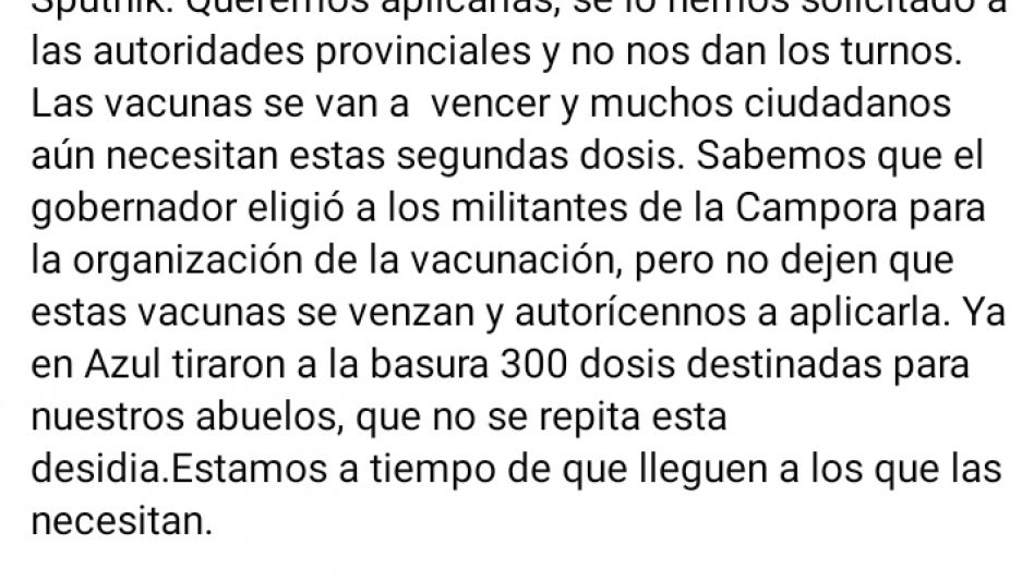 "Sombra, en PAMI, echó a perder 300 vacunas;   no queremos que ahora se pierdan otras 190 más"