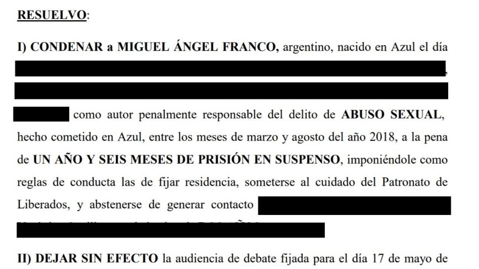 Facsímil de la parte resolutiva del fallo de este juicio abreviado, proceso donde un hombre que tiene 77 años fue condenado por abusar de una nena.