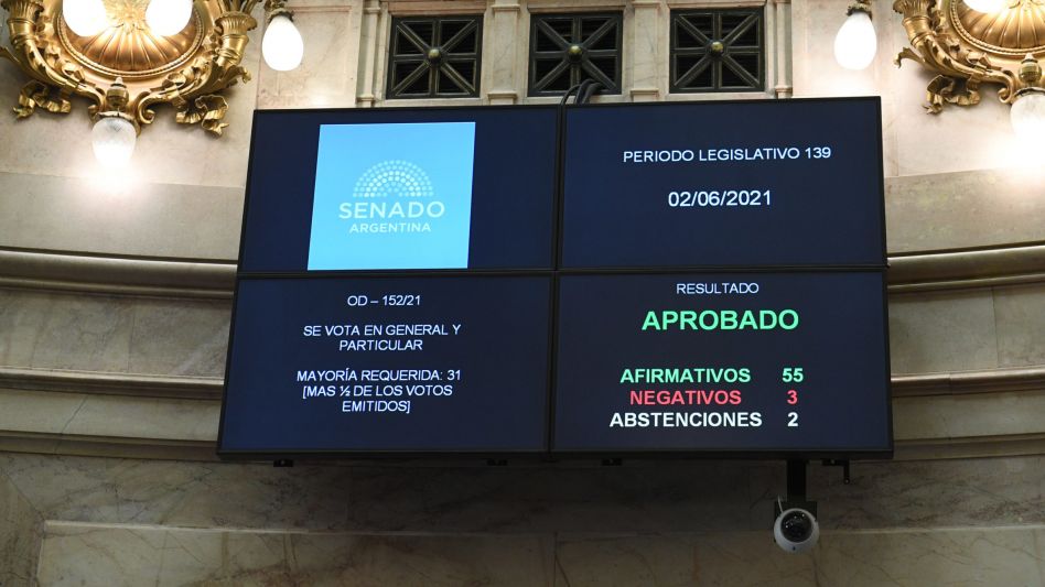 El tablero del Senado con el resultado de la votación. (Prensa MinINT)