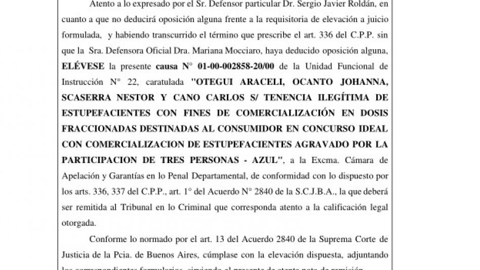 Facsímil de lo dispuesto hace dos días por una jueza de Garantías, elevando a juicio las actuaciones penales relacionadas con esta investigación por presunta venta de drogas. 
