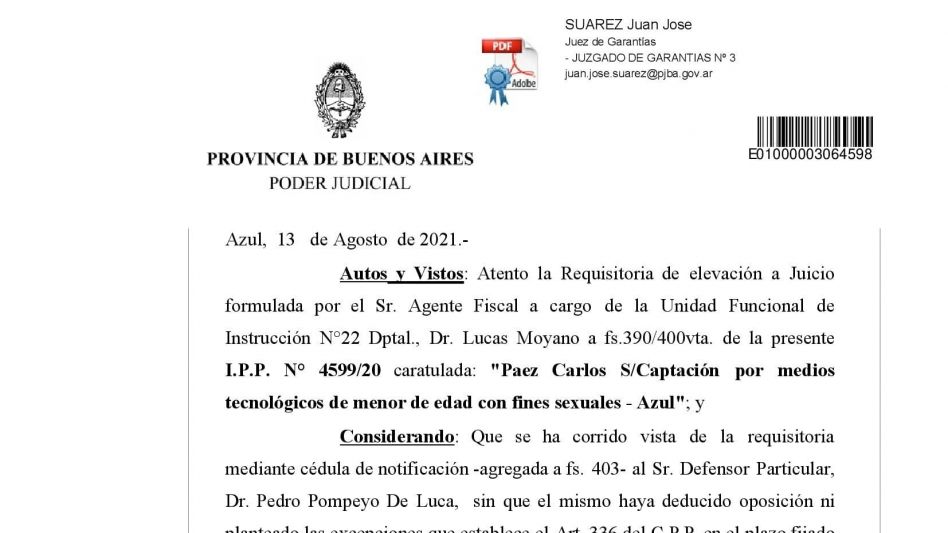 Facsímil del despacho firmado por un juez de Garantías, magistrado que dispuso el viernes pasado la elevación a juicio de esta investigación penal por un caso de grooming.