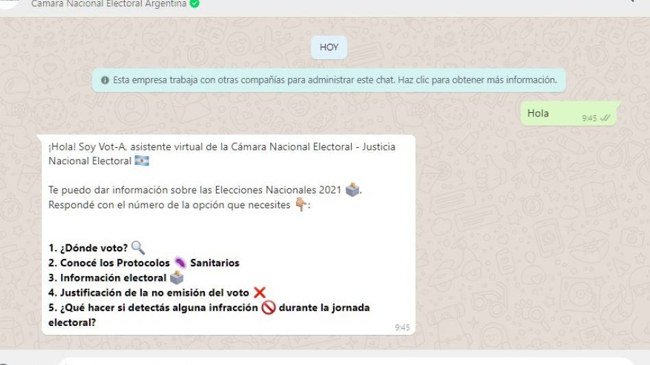 El Gobierno habilitó un "chatbot" en WhatsApp para responder consultas sobre las elecciones