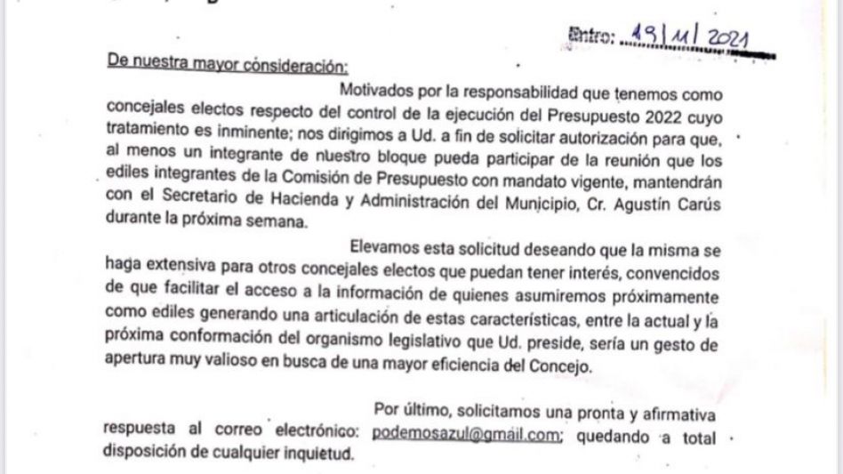 Futuros concejales piden participar de la reunión sobre el Presupuesto 2022 