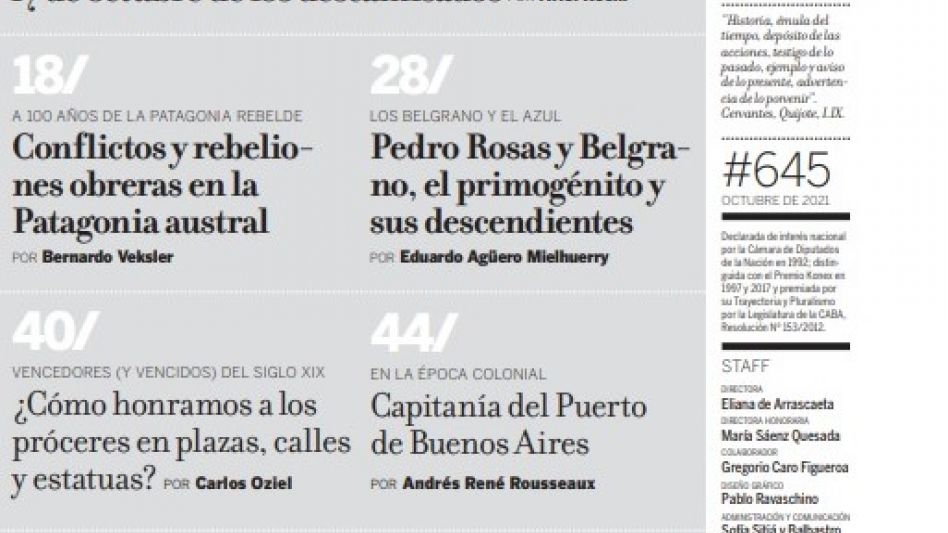 El sumario de la publicación donde figura el extracto de uno de los capítulos del libro ?Los Belgrano y el Azul?. 