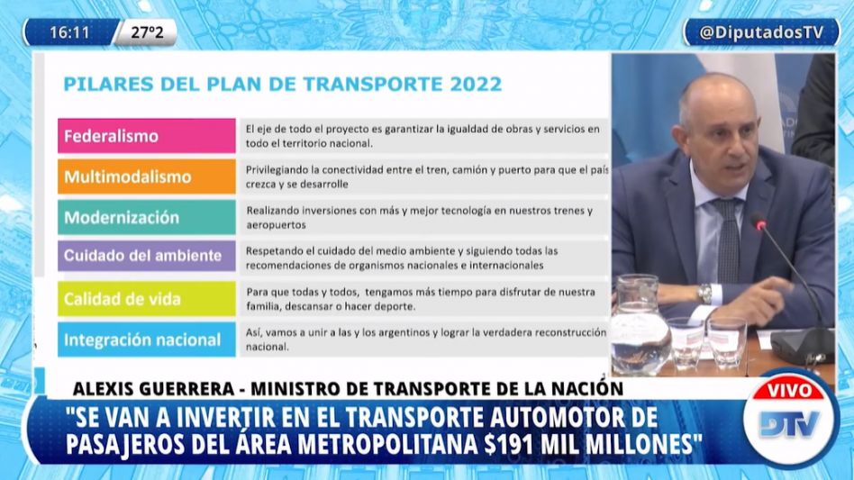 Diputados: el ministro Guerrera expuso sobre el Presupuesto 2022 en materia de transporte