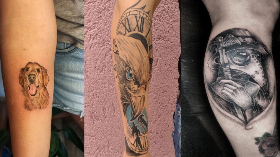 Tres tatuajes de tres artistas con acento azuleño. Las obras, respectivamente, corresponden a Celeste Díaz, Simón Fernández y Nacho Ferreyra.