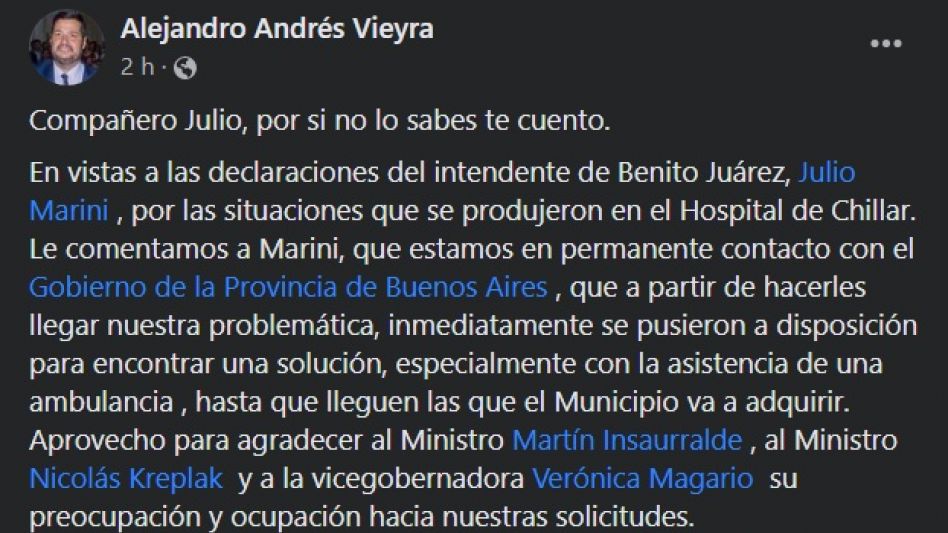 Captura de Facebook del perfil del concejal Alejandro Vieyra