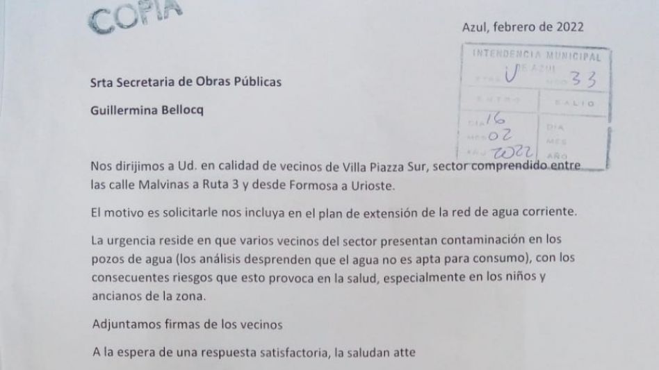 Una nota enviada a una funcionaria en febrero 