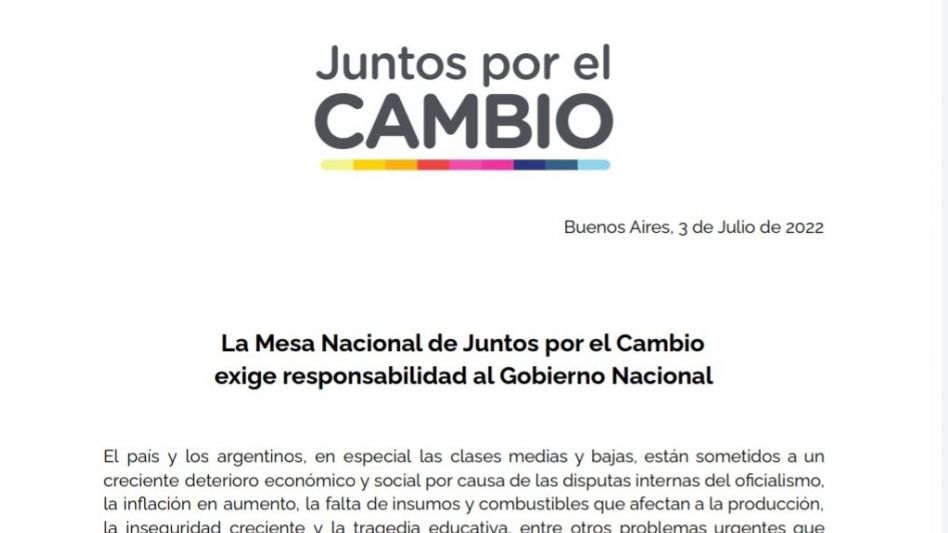 Juntos por el Cambio pide por el "cese en las peleas internas" del Gobierno