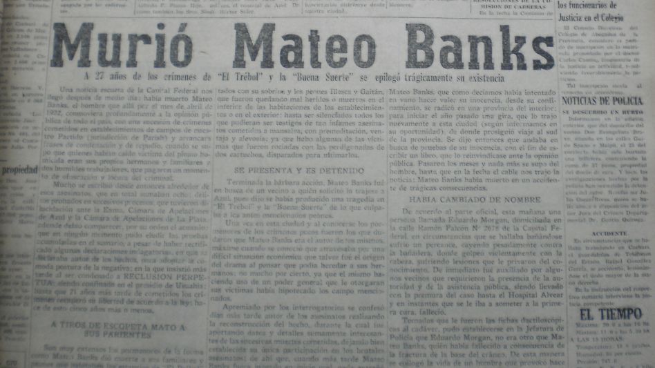 Portada de ?El Ciudadano? del lunes 29 de agosto de 1949 donde se informaba sobre la muerte de Mateo Banks. 