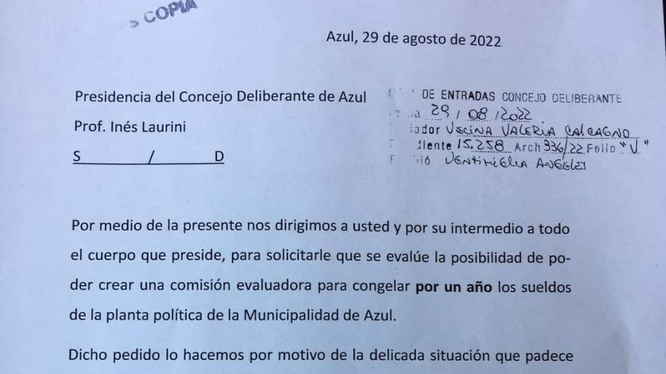 Desde el Partido Demócrata de Azul se solicitó, mediante una nota enviada al Concejo Deliberante, que se evalúe la posibilidad de congelar los sueldos de la planta política local.  