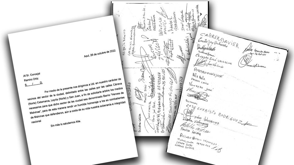 Facsímil de la carta presentada por los vecinos en el Concejo Deliberante, proponiendo la denominación Héroes de Malvinas para su barrio.