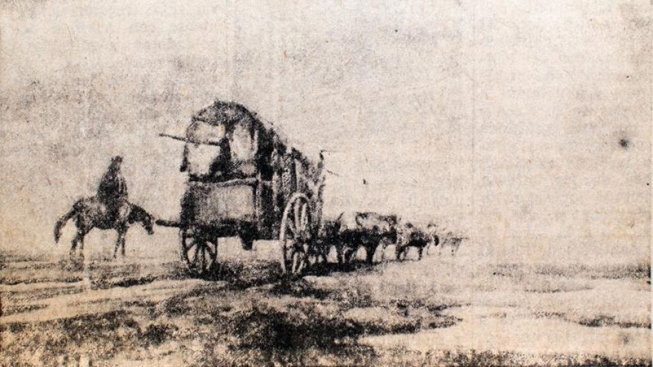 La tradicional carreta tirada por bueyes que conducía la producción de nuestros campos a la capital, en largos y difíciles viajes. [Epígrafe original] FOTO EL TIEMPO/HEMEROTECA J.M. OYHANARTE