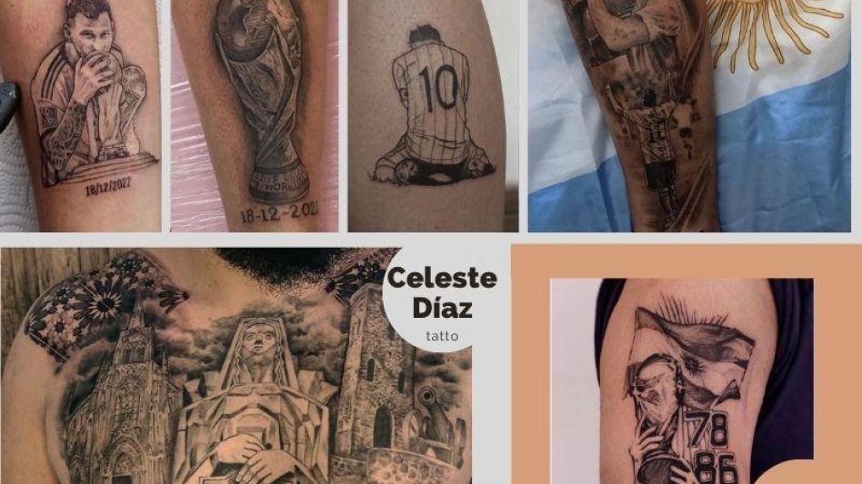 Algunos ejemplos de los tatuajes producidos en nuestra ciudad, referidos al resultado final del Mundial Qatar 2022, y qué artistas los realizaron.  FOTOS @darumar_