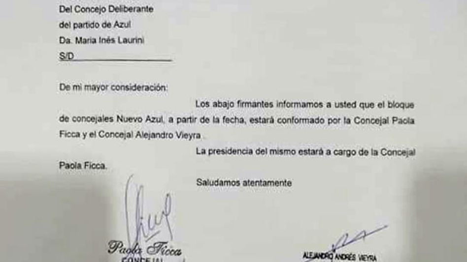 La carta firmada por Ficca y Vieyra ingresada ayer en el Concejo Deliberante, mediante la que se informa la nueva conformación del bloque.