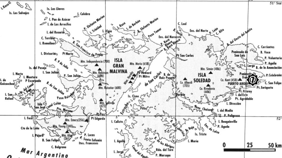 Posición de la compañía A del Regimiento 7 de La Plata, que integró el azuleño Mendilaharzu, al norte de Puerto Argentino, durante el combate de Malvinas.