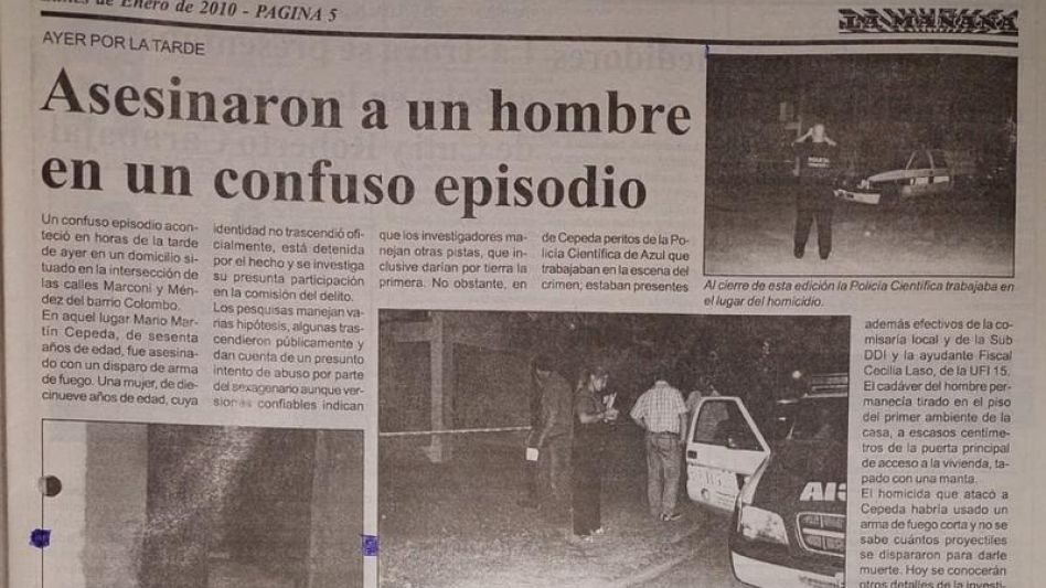 El diario La Mañana de Bolívar y una nota alusiva a lo que fuera este homicidio,  ocurrido en esa ciudad el 24 de enero de 2010.  ARCHIVO/LA MAÑANA