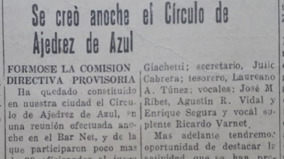 Facsimil de la publicación del domingo 17 de junio de 1944 donde en el Diario El Tiempo, se informaba sobre el nacimiento del Círculo de Ajedrez de Azul. 