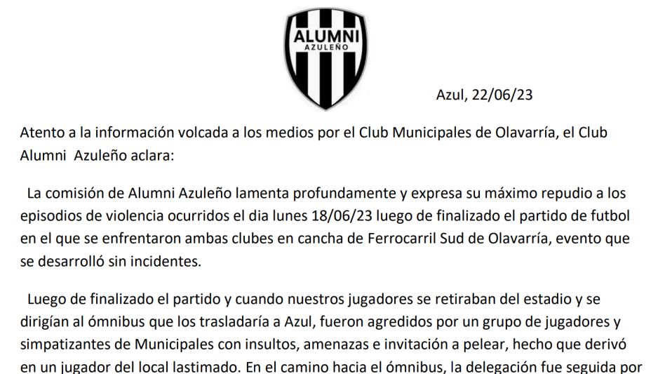 Atento a la información volcada a los medios por el Club Municipales de Olavarría, el Club Alumni Azuleño aclara: