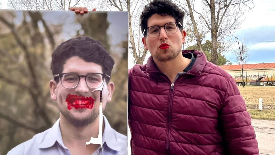 Un intendente se pintó los labios para responder a la vandalización de sus carteles