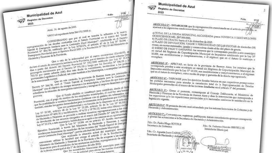 El decreto 1519/23 mediante el cual el Ejecutivo municipal resolvió reprogramar una deuda con el Gobierno provincial.