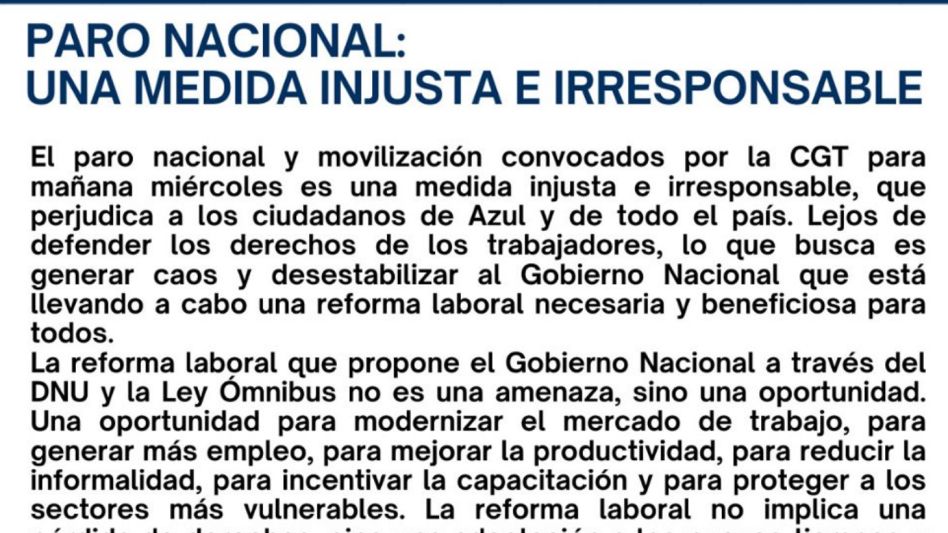 Para el PRO Azul, el paro nacional "es una medida injusta e irresponsable"