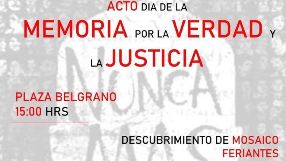 Se realizará en Cacharí un acto conmemorativo por el Día de la Memoria por la Verdad y la Justicia. La actividad es organizada por la APDH Azul y el Grupo por la Verdad y la Memoria de esa localidad. 