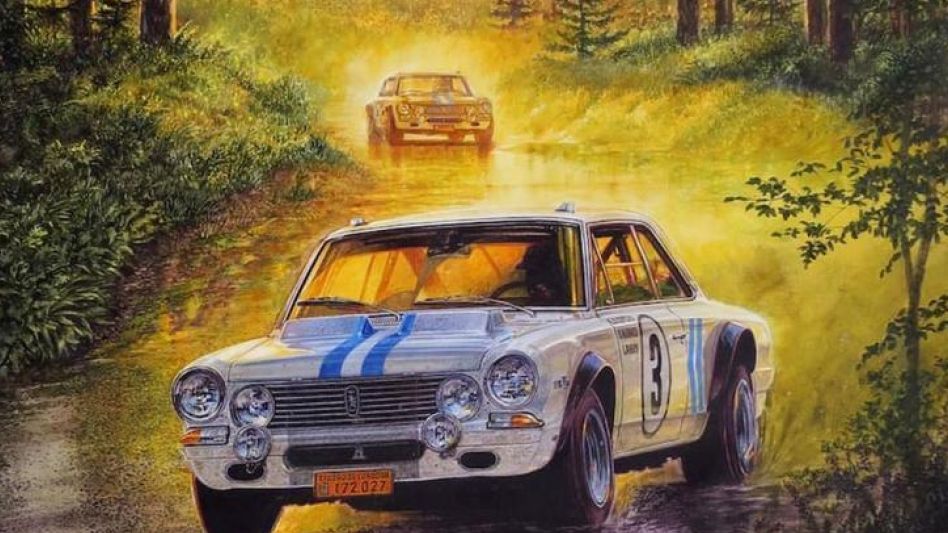 El arte de Jorge García, sobre la hazaña de los Torino de Fangio y Berta en el impiadoso Infierno verde alemán, donde con el número tres el azuleño Oscar Franco cruzó la meta. 	GENTILEZA LA NACIÓN