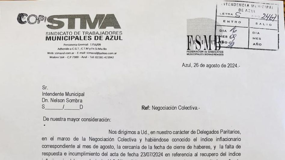 A través de una nota enviada al intendente Nelson Sombra, el STMA pide la reapertura de la negociación paritaria. 