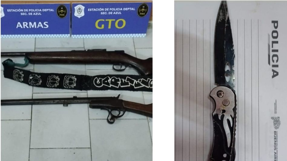 Armas de fuego y una navaja, secuestradas en el allanamiento donde un joven fue detenido por violencia de género. FOTO: PBA
