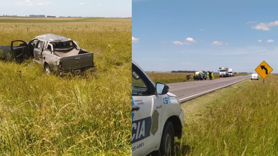 Diferentes traumatismos sufrió una mujer que en la Ruta 3 guiaba una camioneta que se despistó y volcó. FOTOS: VIAL AZUL/PBA