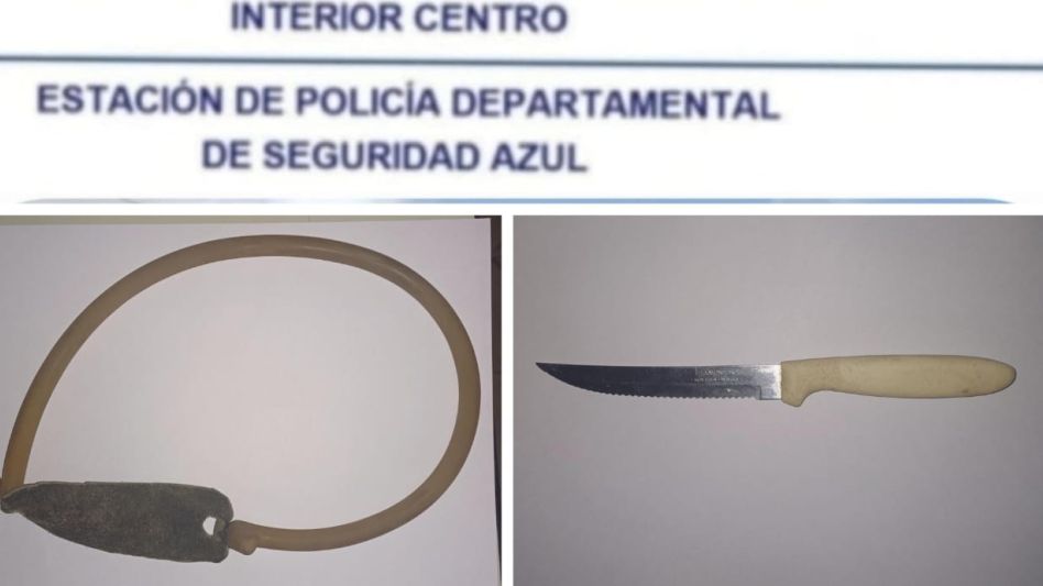 Una gomera y un cuchillo, incautados en poder de dos menores que agredieron a otro. FOTO: EPDS AZUL/PBA