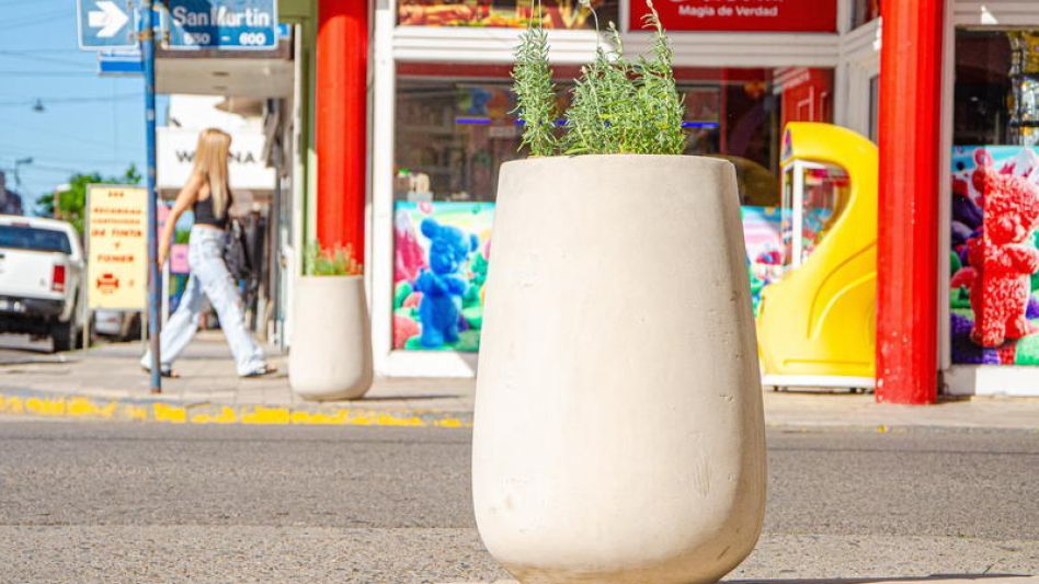 Las macetas de cemento decorativas con lavandas fueron instaladas en distintos puntos estratégicos del centro de esta ciudad.    NACHO CORREA