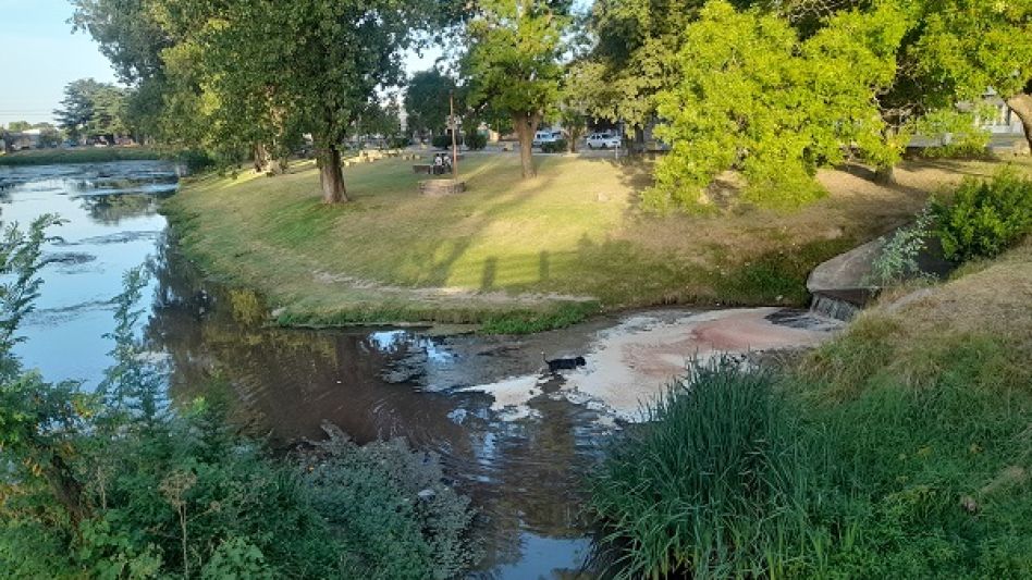 Algo no anda bien en el arroyo Azul. En el sector del puente de la Av. Perón tiraron materiales o líquidos que contaminan el agua y el medio ambiente.  AGUSTÍN SCALCINI
