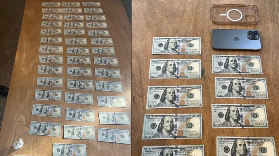 Billetes truchos de cien dólares y teléfonos celulares se incautaron en poder de los sospechosos. FOTO: EPDS AZUL/PBA 