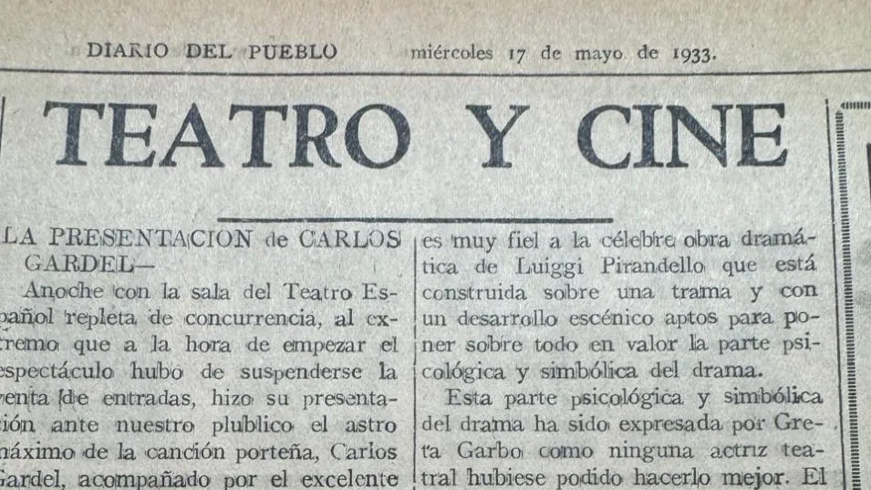 Nota en diario Del Pueblo del miércoles 17 de mayo de 1933 sobre la presentación de Gardel en nuestra ciudad.   
