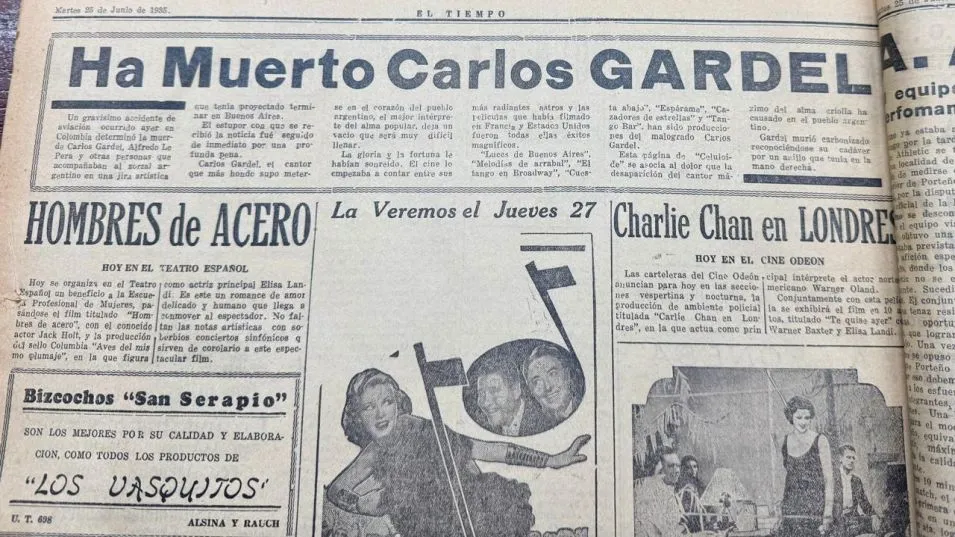  Nota en diario El Tiempo de Azul sobre la trágica muerte de Carlos Gardel en Colombía el 24 de junio de 1935.