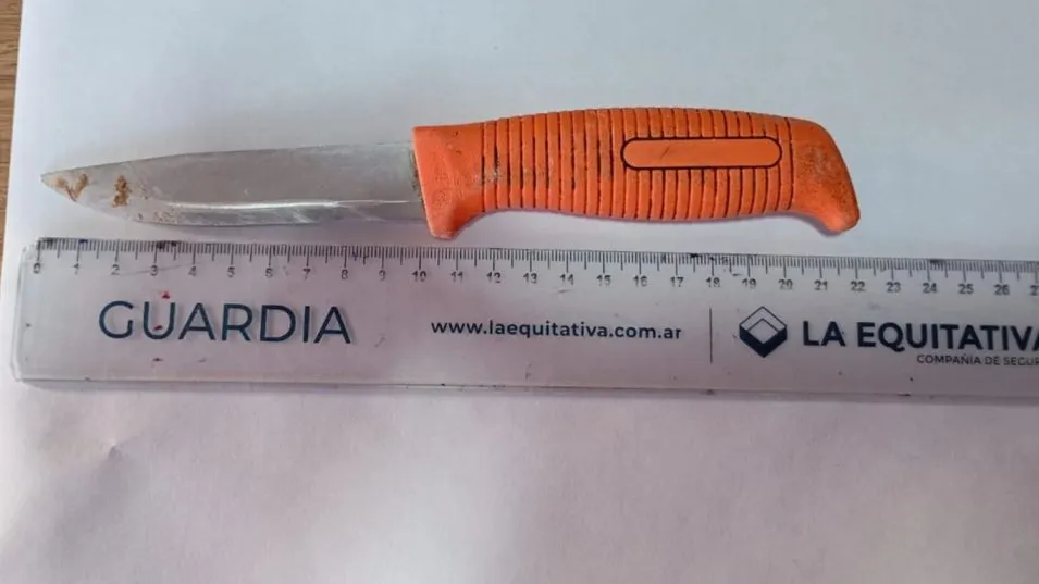 Un cuchillo con cabo de plástico, el arma blanca que Peralta portaba cuando ayer viernes fue aprehendido. FOTO: EPDS AZUL/PBA